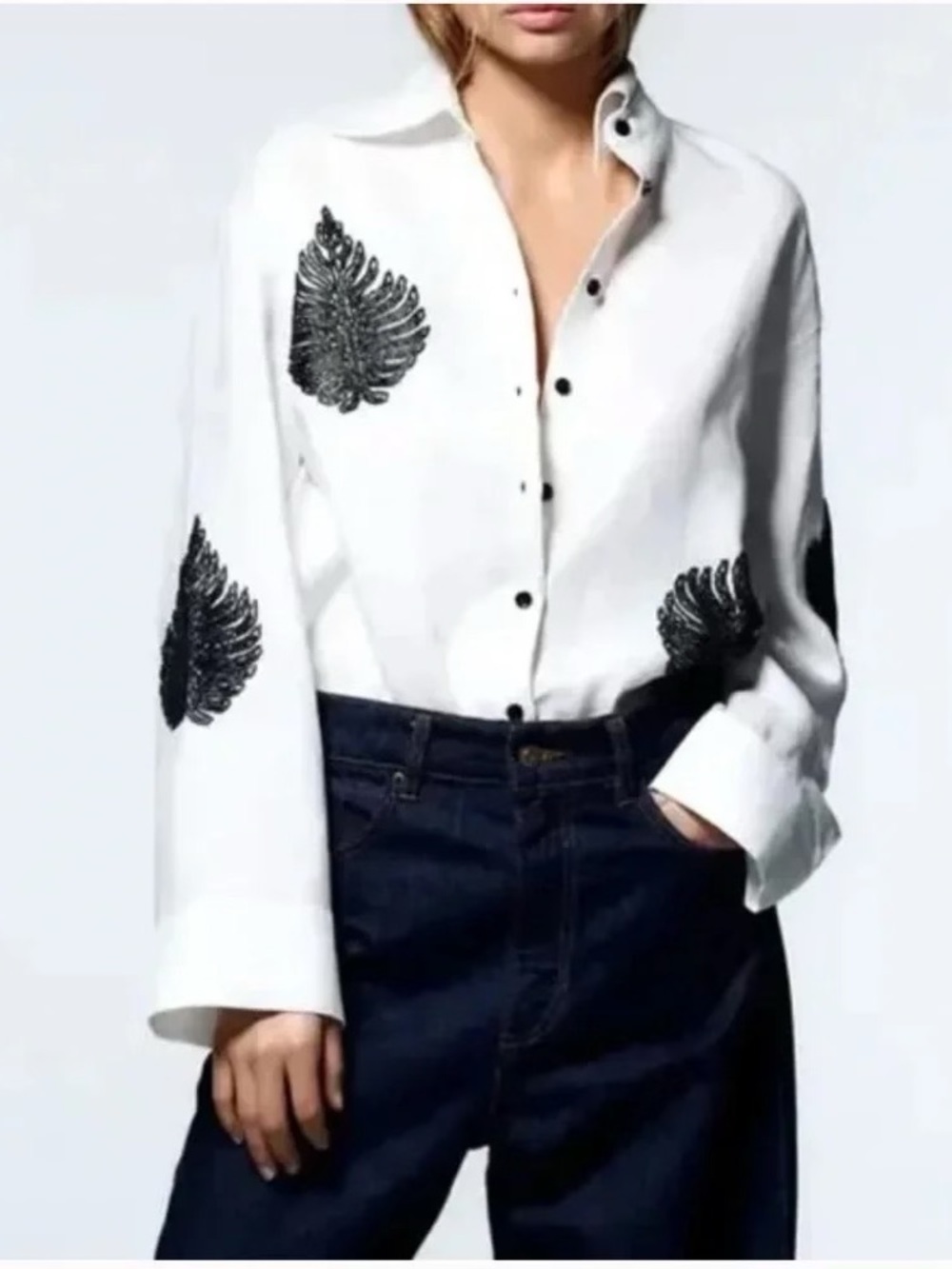 ZARA women’s White Button-Front Shirt with Black Beaded Leaf Accents